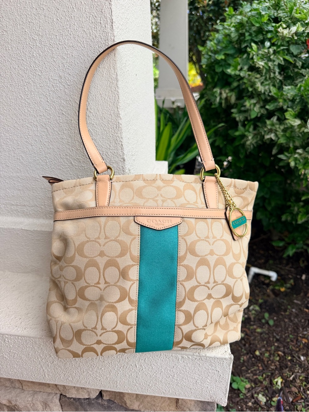 Coach F28504 Signature Stripe Tote Khaki Emerald Green Charm Shoulder Bag